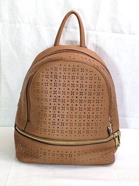 Perforated Faux Leather Backpack - Acorn / Tan - Medium